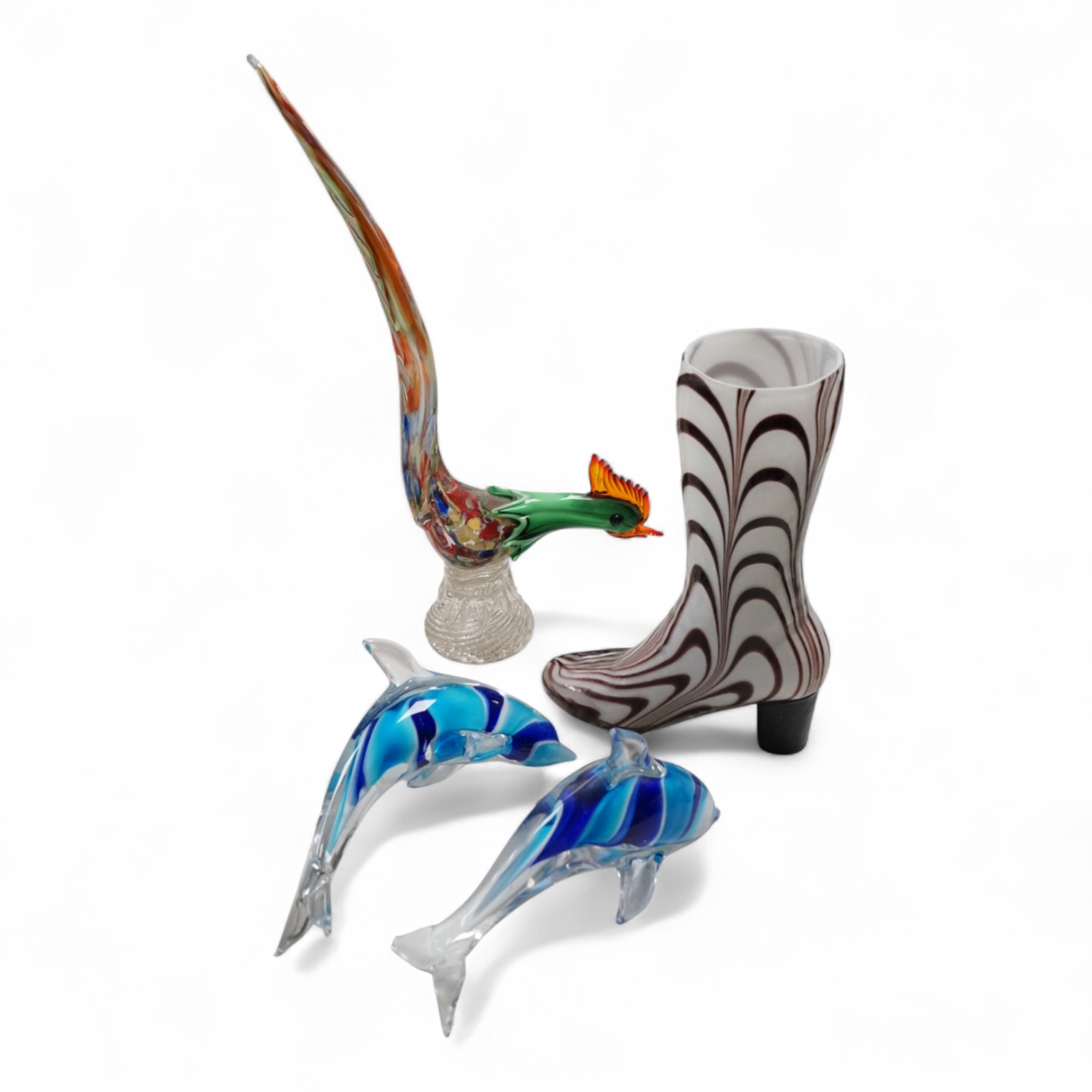 Art glassware comprising a Murano glass cockerel, a large ladies boot and a pair of dolphins, largest 48cm high